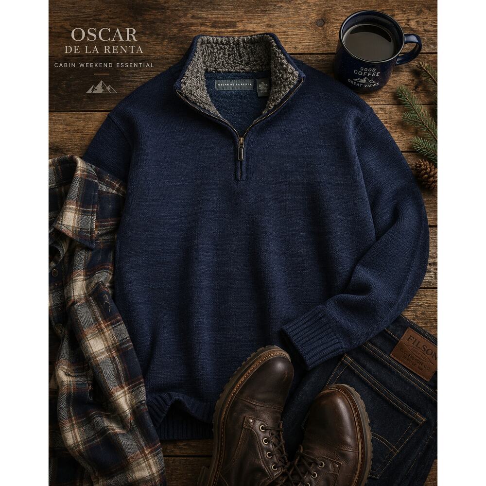 Oscar De La Renta Men’s XL Quarter Zip Knit Sweater Faux Sherpa Collar Navy